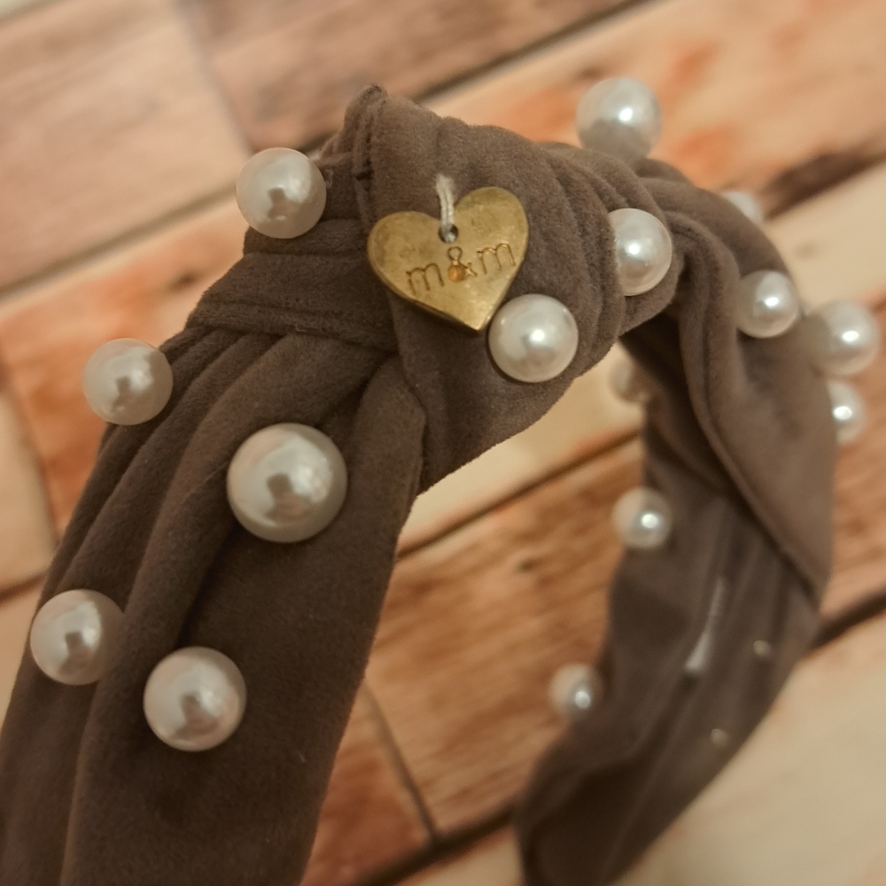 Grey velvet and pearl turban knot headband